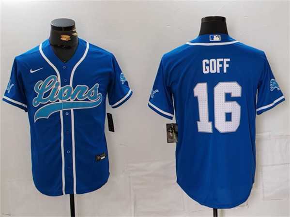 Men%27s Detroit Lions #16 Jared Goff Blue Cool Base Stitched Baseball Jersey